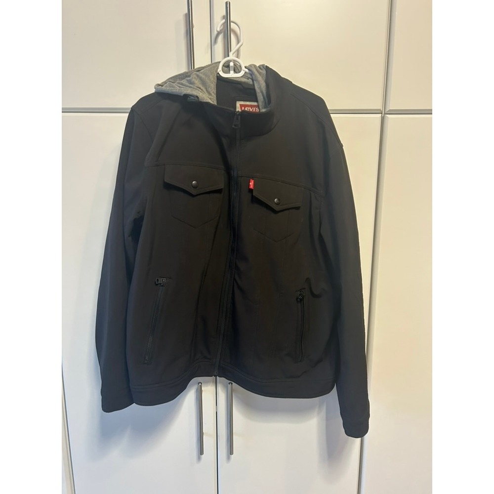 Levis Mens Black Softshell Hooded Jacket Full Zip Windbreaker Coat Large